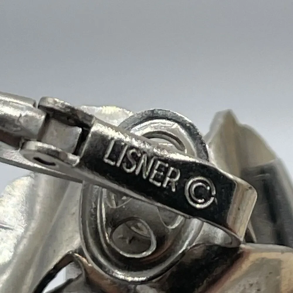 Vintage Lisner Rose Silver Tone Stud Clip On Statement Art Deco Earrings Floral